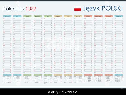 Kalender auf Polnisch für 2022. Jahresplaner und Veranstalter. Einfaches und gut lesbares Layout. Vorlage für das Unternehmen. Freier Speicherplatz. Stock Vektor