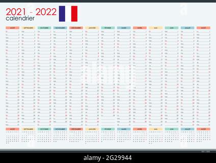 2021 - 2022 Wandplaner zur Jahresmitte in französischer Sprache. Studienjahr. Perfekt für zu Hause Schulungsplan, Zeitplan. Organisator, Vorlage für Jahresplaner. Stock Vektor