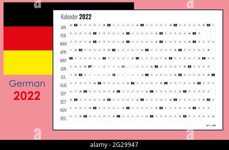 2022 Wandplaner auf Deutsch. Jahreskalender und Veranstalter. Einfaches Layout in Schwarzweiß-Farben. Vorlage für das Unternehmen und die Familie. 12 horizontale Monate. Stock Vektor