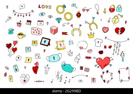 Doodle Valentinstag Set. Handgezeichnetes Liebessymbol isoliert auf weißem Hintergrund. Luftballons, Ring, Rahmen, Dekorationen, Schlösser, Kaffee mit Herzen. Feelin Stock Vektor