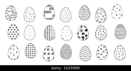 Set aus Ostereiern mit skandinavischem geometrischen Ornament. Schwarze Umrisse bemalte Eier isoliert auf weißem Hintergrund. Niedliche Hand gezeichnet Happy Easter Vektor Stock Vektor