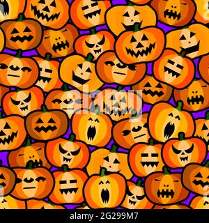 Nahtlose halloween gruselige orange Kürbisse Muster. Komisches, gruseliges, lächelndes Gesicht auf violettem Hintergrund. Sticker mit Herbstcharakter. Happy Halloween Symbol Stock Vektor
