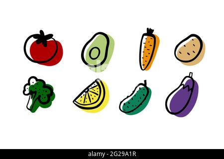 Gemüseset. Brokkoli Avocado Karotten Kartoffel Tomaten Gurken Auberginen Zitrone auf weißem Hintergrund. Von Hand gezogenes frisches Gemüse. Vektor gesunde Lebensmittel, e Stock Vektor
