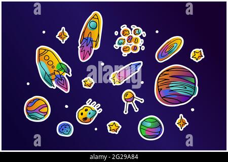 Heller Raum Doodle Aufkleber-Set. Planeten, Raketen, Sterne, Kometen, Astroid auf dunkelviolettem Hintergrund. Farbverlauf rosa, orange, grün Trendfarbe astrono Stock Vektor