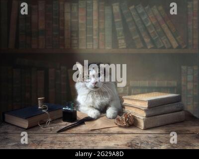 Lustige Katze mit Brille sitzt an einem Tisch in der Bibliothek Stockfoto