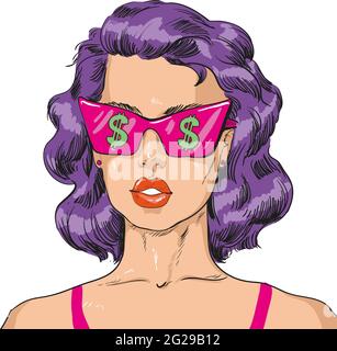 Pop Art Frau in Dollar Brille Cartoon-Vektor Stock Vektor