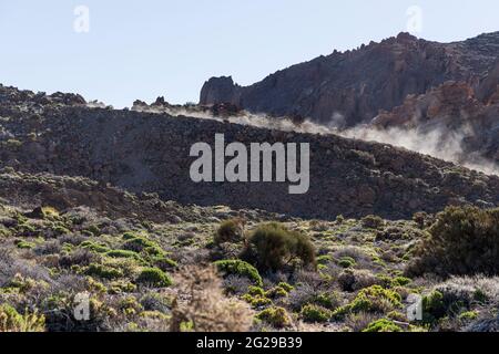 Hinterleuchtete Staubwolke hinter einem fahrenden Fahrzeug auf einer Strecke im Nationalpark Las Canadas del Teide, Teneriffa, Kanarische Inseln, Spanien Stockfoto