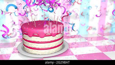 Grußkarte einer rot-weißen Geburtstagstorte mit roter Creme und Kerzen auf einem reflektierenden rosa-weißen Tisch, gibt es eine Explosion von Konfetti aus Stockfoto