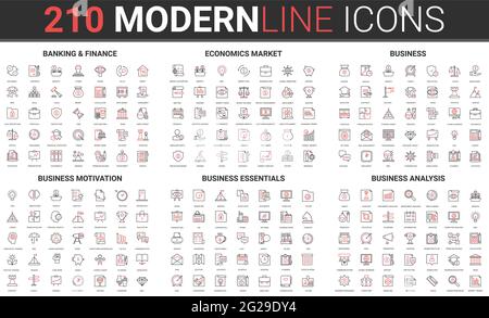 Safe Banking und Finanzen, Wirtschaft Aktienmarkt dünne rote schwarze Linie Symbol Vektor-Grafik-Set. Skizzieren Sie Symbole für die betriebswirtschaftliche Grundvoraussetzung, die Motivation und die Analyse der finanziellen Betriebsabläufe des Unternehmens Stock Vektor