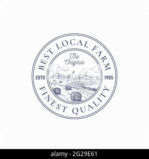 Local Farm Products Retro Frame Badge oder Logo-Vorlage. Handgezeichnete Landschafts-Skizze mit Windmühle, Haystack, Retro-Typografie und Bordüren Stock Vektor