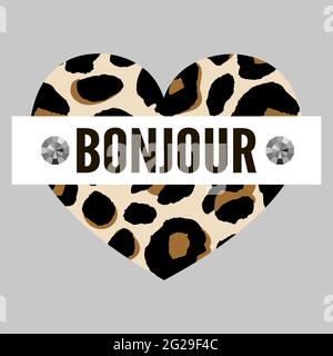 Dekorativer BONJOUR HELLO Text mit Leopardenhaut Stock Vektor