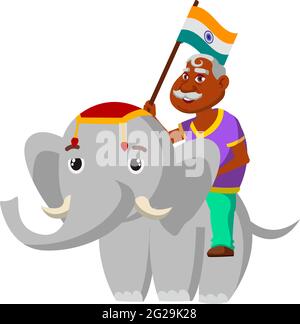 Alter Mann hält indien Flagge Reiten auf Elefant Tier Cartoon-Vektor Stock Vektor