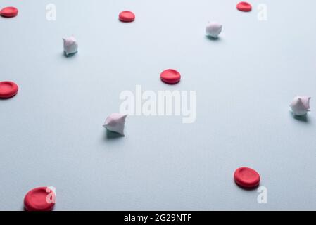 Medizinische Flatlay roten und weißen Blutkörperchen. Rote Blutkörperchen und Leukozyten auf blauem Hintergrund. Stockfoto