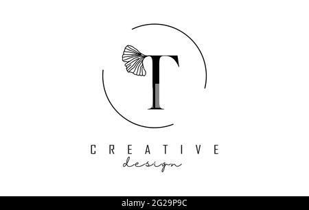 T-Logo mit Großbuchstaben, Blattdetail und Kreisrahmen. Vektorgrafik mit botanischen Elementen. Naturvorlage mit T-Buchstabe für Pers Stock Vektor