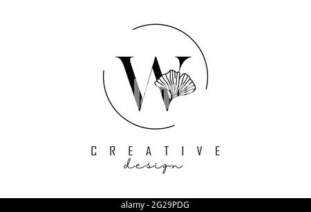 Design mit W-Logo in Großbuchstaben, Blattdetails und Kreisrahmen. Vektorgrafik mit botanischen Elementen. Naturvorlage mit W-Brief für Pers Stock Vektor