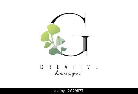 G Letter Logo Design mit geschliffener Kreis und grünen Blättern. Vektorgrafik mit botanischen Elementen. Stock Vektor
