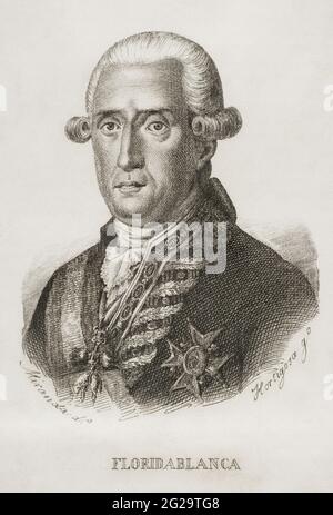 José Moñino y Redondo, 1. Graf von Floridablanca (1728-1808). Spanischer Staatsmann. Staatssekretär (1777-1792). Illustration von Miranda. Stich von Hortigosa. Historia del Levantamiento, guerra y Revolución de España am Conde de Toreno. Madrid, 1851. Stockfoto