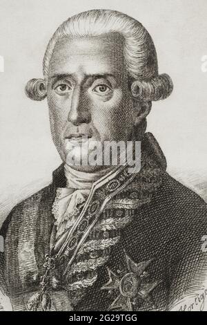 José Moñino y Redondo, 1. Graf von Floridablanca (1728-1808). Spanischer Staatsmann. Staatssekretär (1777-1792). Hochformat. Illustration von Miranda. Stich von Hortigosa. Historia del Levantamiento, guerra y Revolución de España am Conde de Toreno. Madrid, 1851. Stockfoto