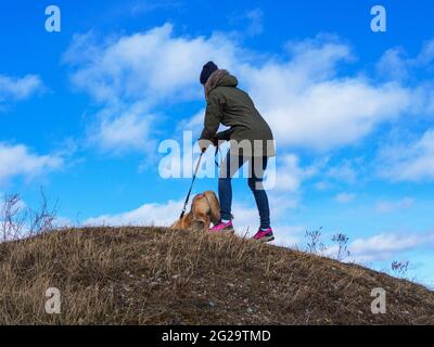 Junge Frau spielt mit lustigen Ginger Haustier Hund mit Schnee. Auf dem Hintergrund. Spielen mit dem Schnee. Liebenswert Hund genießen ihre Zeit, Winter Zeit. Blau trüber Hintergrund. Speicherplatz kopieren Stockfoto