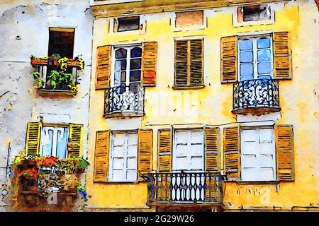 Italienische Fenster, Chiavenna Stockfoto
