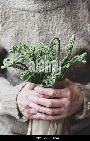 Bracken Farn in Öko-Bastelpapierbeutel, in den Händen älterer Frau. Zutat zum Kochen von Gerichten. Nahaufnahme, selektiver Fokus. Veganes Konzept. Nachhaltig l Stockfoto