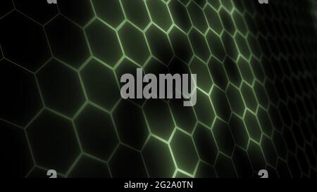 3D-Rendering von abstraktem futuristischem sechseckigem Mesh mit Lichteffekten. Kann als Hintergrund für Präsentationen, Nachrichten, Online-Medien verwendet werden Stockfoto