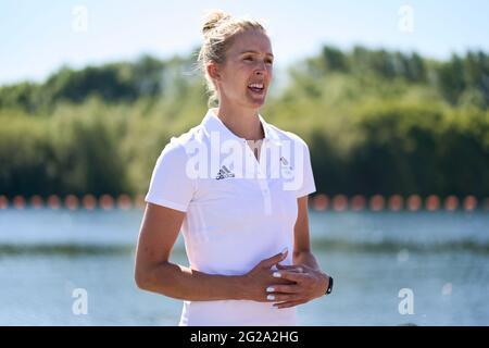 Die britische Victoria Thornley während der Ankündigung des Team GB Tokyo 2020 Ruderteams am Redgrave Pinsent Rowing Lake, Reading. Bilddatum: Mittwoch, 9. Juni 2021. Stockfoto