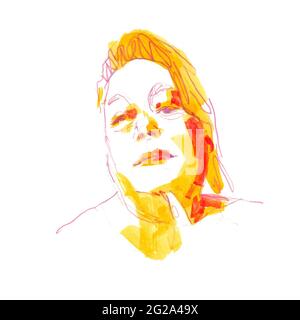 Wunderschöne Aquarellskizze einer Frau auf weißem Hintergrund Stockfoto