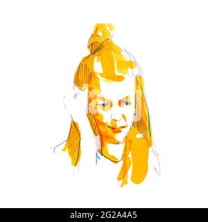Wunderschöne Aquarellskizze einer Frau auf weißem Hintergrund Stockfoto