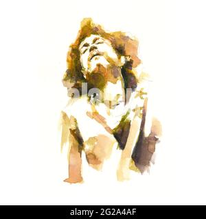 Wunderschöne Aquarellskizze einer Frau auf weißem Hintergrund Stockfoto