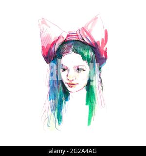 Wunderschöne Aquarellskizze einer Frau auf weißem Hintergrund Stockfoto