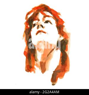 Wunderschöne Aquarellskizze einer Frau auf weißem Hintergrund Stockfoto