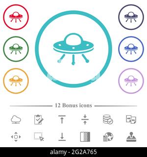 UFO-flache Farbsymbole in kreisförmigen Umrissen. 12 Bonus-Symbole enthalten. Stock Vektor