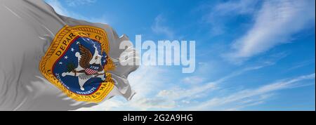 Flagge des United States Marshals Service winkt im Wind. USA Nationale Verteidigung. Speicherplatz kopieren. 3d-Illustration. Stockfoto