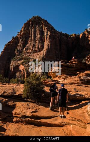 Wanderer im Zions Nat'l Park entlang des Canyon View Trails bieten die Parcours ein einzigartiges Outdoor-Erlebnis. Stockfoto