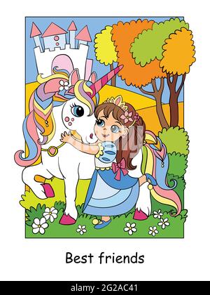 Niedliche Prinzessin Umarmungen mit einem Einhorn. Vektor bunte Cartoon-Illustration im Kinderstil. Für Postkarten, Poster, Design, Karten, Aufkleber, Zimmereinrichtung, Stock Vektor