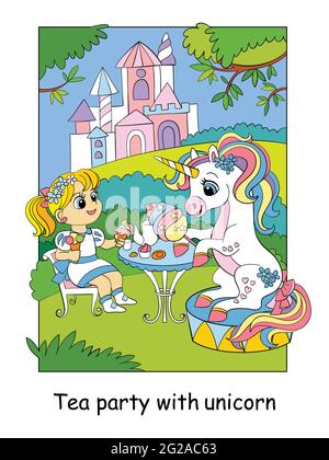 Süße Prinzessin und Einhorn trinken Tee mit Süßigkeiten. Vektor bunte Cartoon-Illustration im Kinderstil. Für Postkarten, Poster, Design, Karten, Aufkleber Stock Vektor