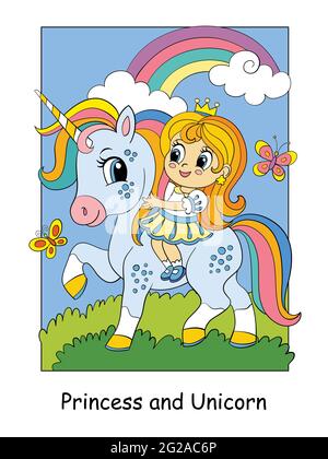 Niedliche kleine Prinzessin auf einem Einhorn reiten. Vektor bunte Cartoon-Illustration im Kinderstil. Für Postkarten, Poster, Design, Karten, Aufkleber, Zimmer Stock Vektor