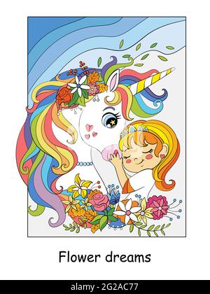 Niedliche Prinzessin Umarmungen mit Einhorn mit Blumen. Vektor bunte Cartoon-Illustration im Kinderstil. Für Postkarten, Poster, Design, Karten, Aufkleber, Stock Vektor