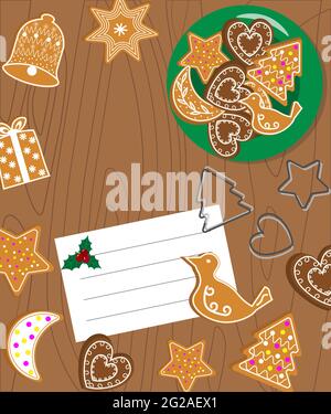 Kartenvorlage mit Rezept und Lebkuchenkuchen. Vektorgrafik für Mennu, Restaurants und Cafés. Stock Vektor