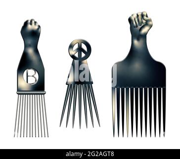 Abbildung einer Gruppe von drei schwarzen Power-Haarpicks, isoliert auf weißem Hintergrund. Beschneidungspfad. Stockfoto