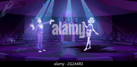 Geister in der verlassenen Zirkusarena führen tote Künstler eine Zaubershow in der Dunkelheit der großen obersten Bühne durch. Halloween gruselige Szene, gruselige alte Innenausstattung mit Mondlicht fällt auf den Boden, Cartoon-Vektor-Illustration Stock Vektor