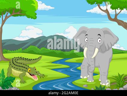 Cartoon Alligator mit Elefant im Dschungel Stock Vektor