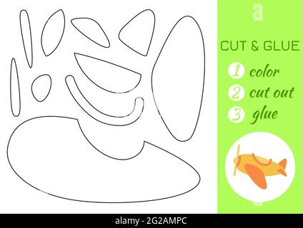 Farbe, schneiden und kleben Papier gelb Flugzeug. Seite „Craft Activity“ ausschneiden und einfügen. Pädagogisches Spiel für Kinder im Vorschulalter. DIY-Arbeitsblatt. Logikspiel für Kinder, Stock Vektor