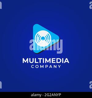 Vektordarstellung der Wiedergabetaste mit Spinning Disc und Live Feed-Symbol. Multimedia und Broadcasting Company Logo Design Konzept. Blau und Weiß Stock Vektor