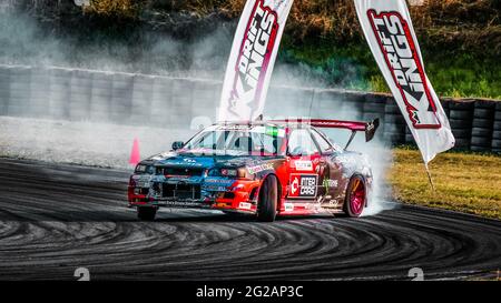 Oschersleben, 30. August 2019: Der polnische Fahrer Bartosz Ostalowski fährt während der Drift Kings mit seinem Nissan Skyline R34 LS3 Stockfoto