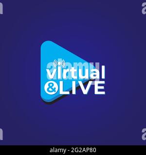 Virtuelles und Live-Logo-Konzept mit Play-Taste und Live-Feeds-Symbol. Broadcasting Company Logo Design-Vorlage auf blauem Hintergrund. Stock Vektor