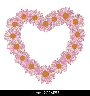 Blumenkranz aus weiß-rosa-gelben Gänseblümchen in Herzform, isoliert auf weißem Hintergrund. Vektor-Illustration-Element mit Kopierfläche für Grußkarten, Einladungen Hochzeit, Geburtstag, Verpackung. Stock Vektor