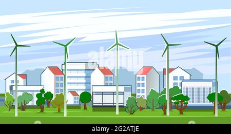 Windkraft-Generator. Ein gemütliches Dorf in der Vorstadt. Flacher Cartoon-Stil. Himmel und Wiesen. Eine umweltfreundliche Quelle erneuerbarer Energien Stock Vektor