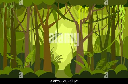 Dschungel-Illustration. Dichte, wild wachsende tropische Pflanzen mit hohen, verzweigten Stämmen. Regenwaldlandschaft. Flaches Design. Cartoon-Stil. Vektor Stock Vektor